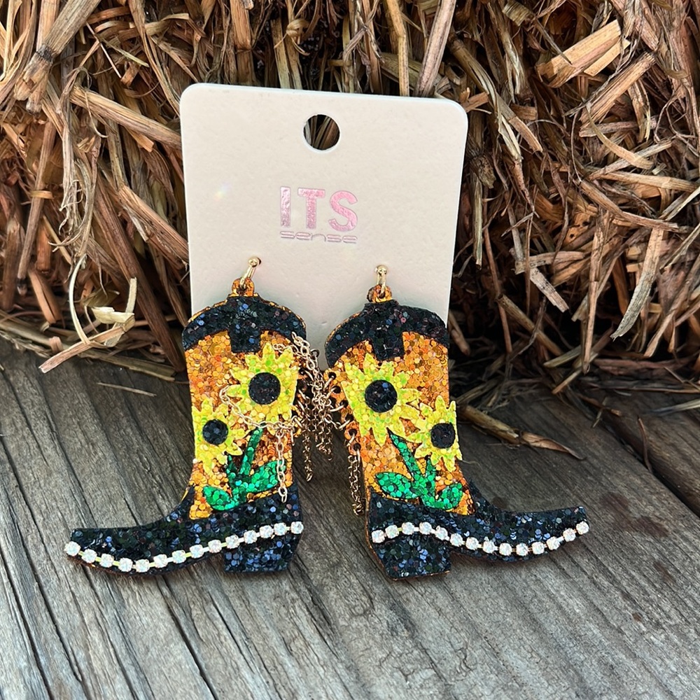 Glitter Sunflower Black Boot Earrings - Picture 1 of 11